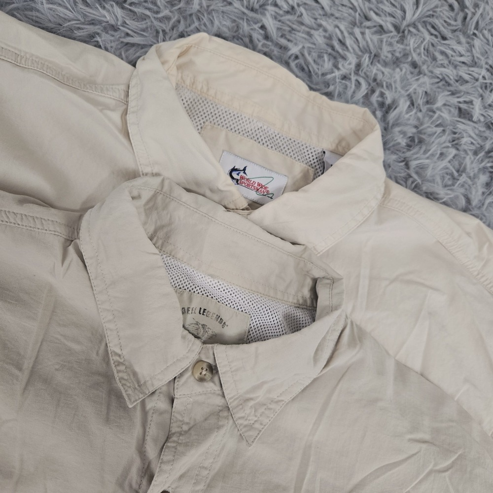 Lot Of 2 Reel Legend / World Wide Mens Large Beige / Cream L/S Button Down Shirt